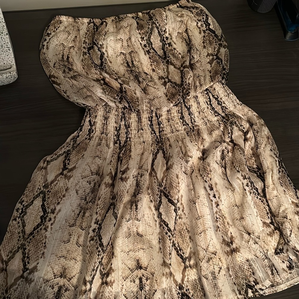 Snakeskin patterned strapless dress
